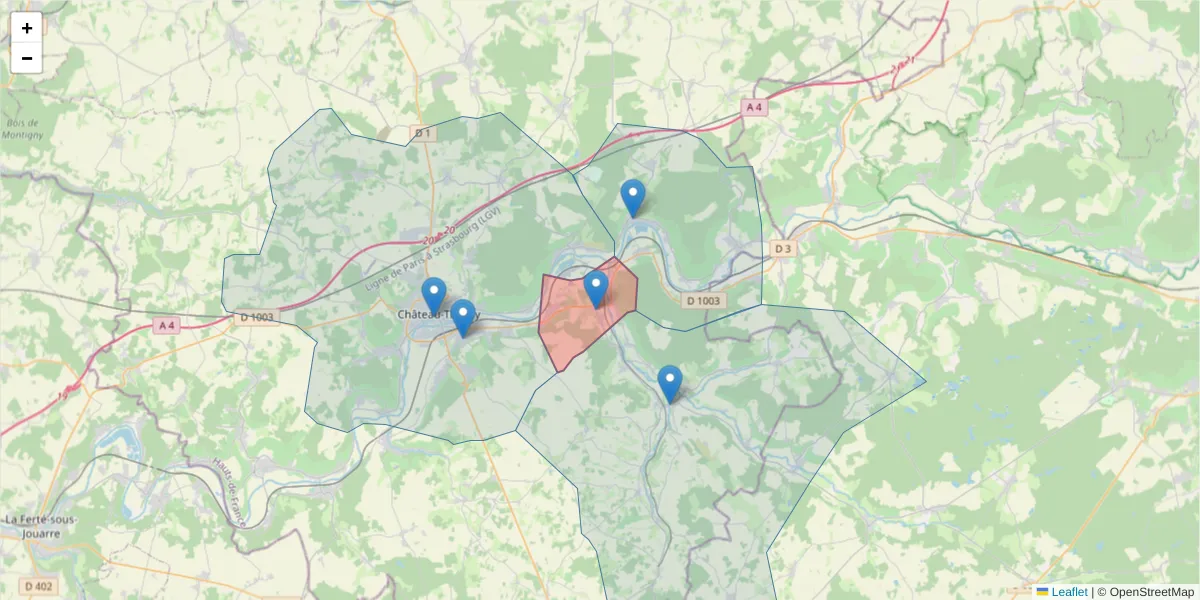 Carte de la zone du code postal  et des codes postaux voisins en France