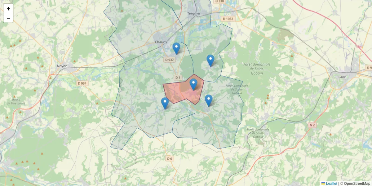 Carte de la zone du code postal  et des codes postaux voisins en France