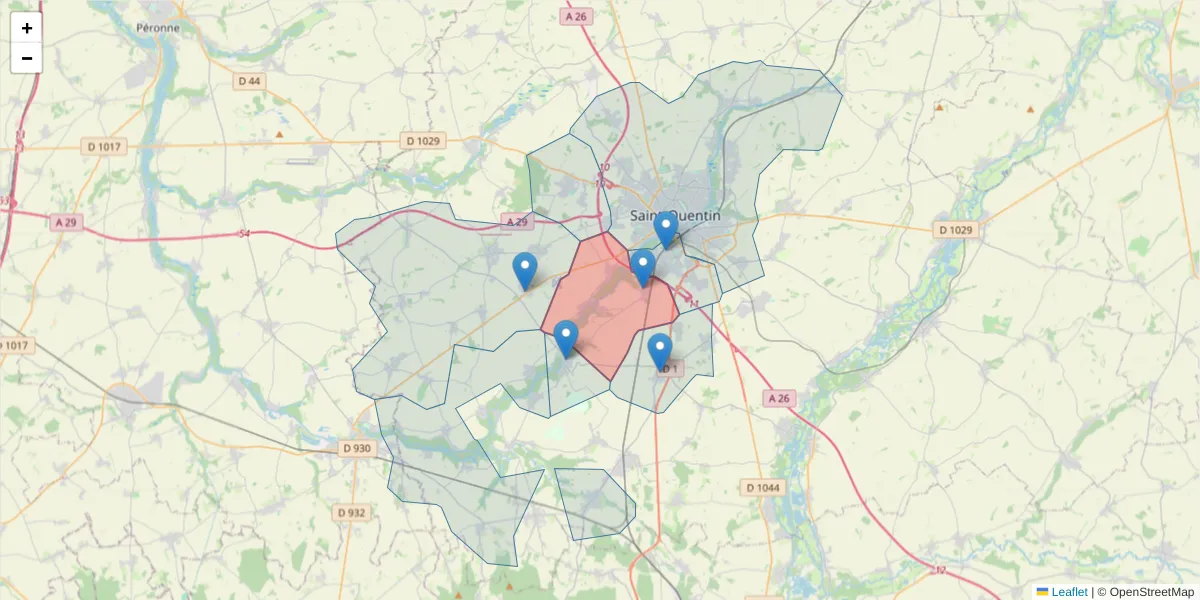 Carte de la zone du code postal  et des codes postaux voisins en France