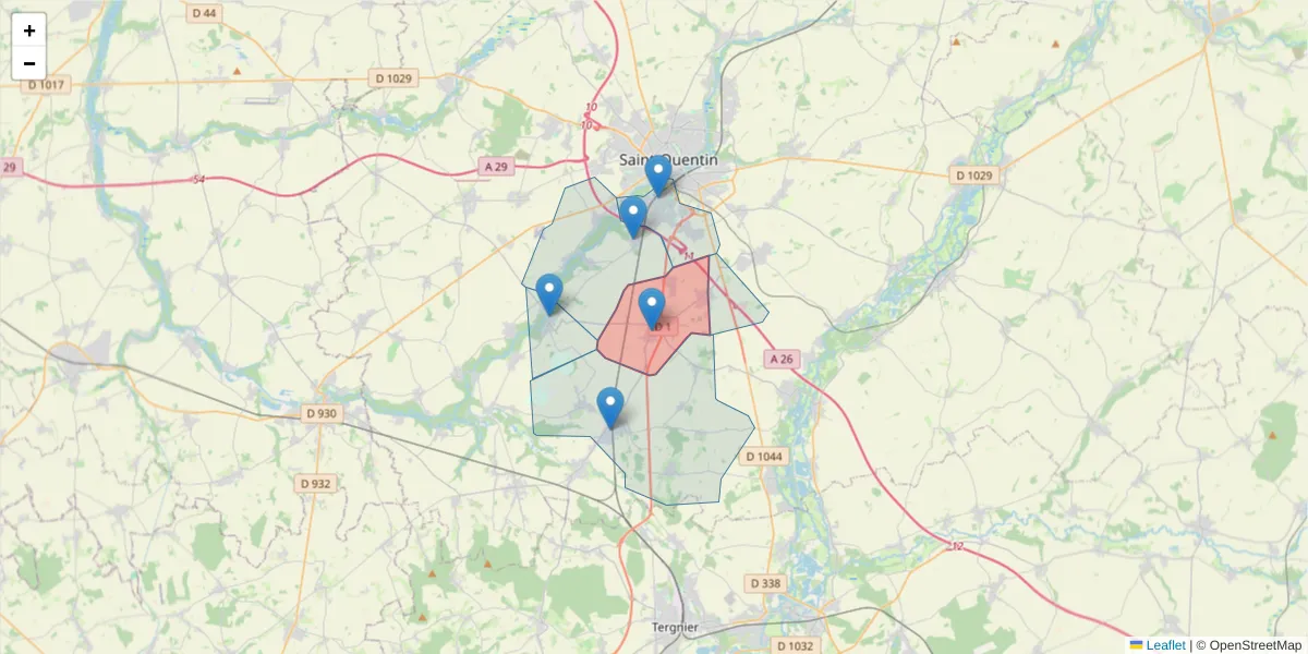 Carte de la zone du code postal  et des codes postaux voisins en France