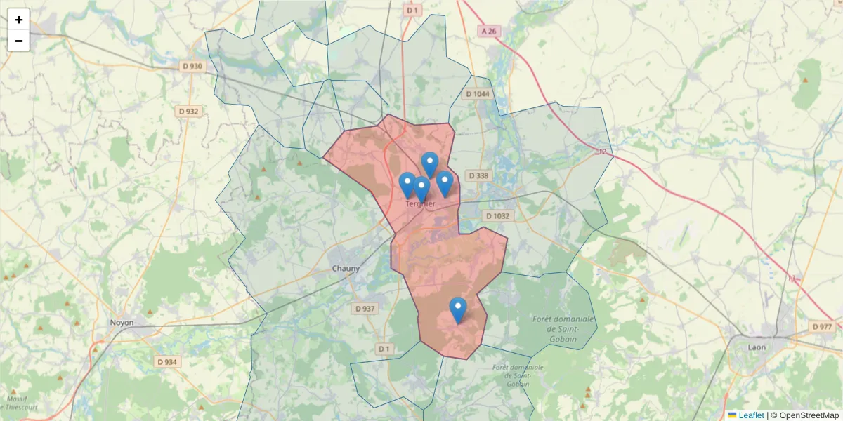 Carte de la zone du code postal  et des codes postaux voisins en France