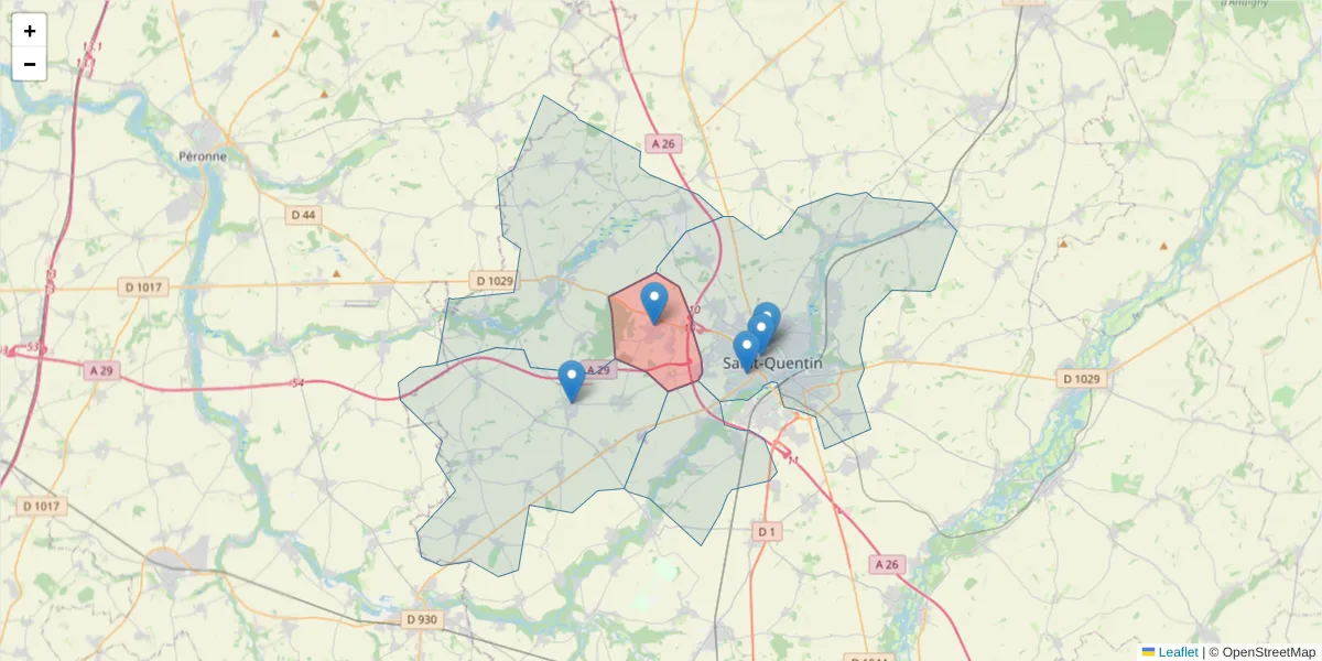 Carte de la zone du code postal  et des codes postaux voisins en France