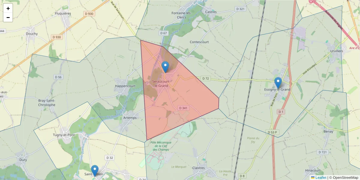 Carte de la zone du code postal  et des codes postaux voisins en France