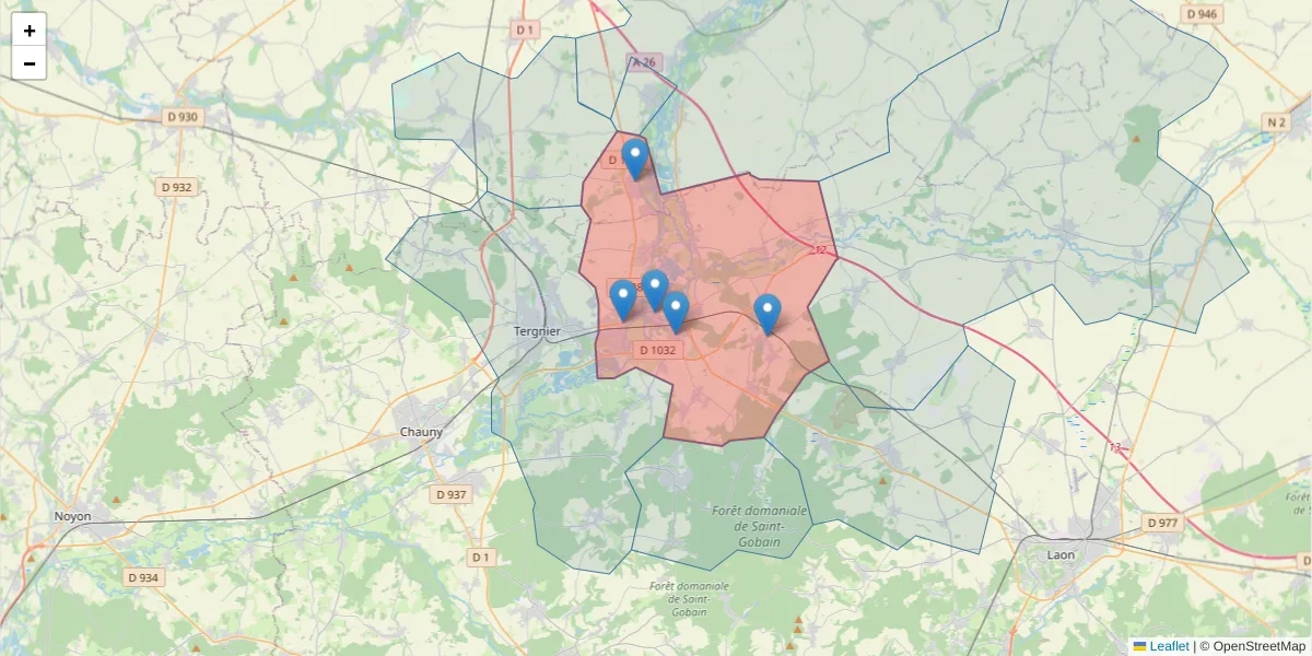 Carte de la zone du code postal  et des codes postaux voisins en France