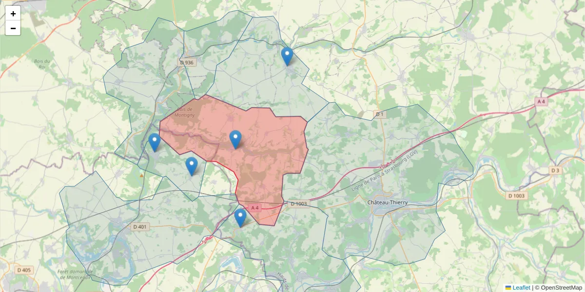 Carte de la zone du code postal  et des codes postaux voisins en France