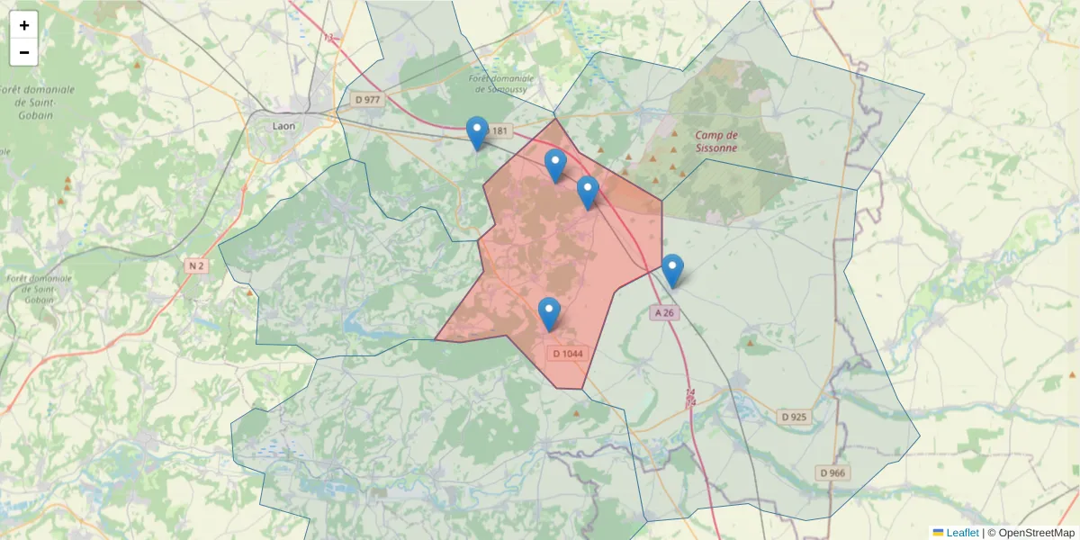 Carte de la zone du code postal  et des codes postaux voisins en France