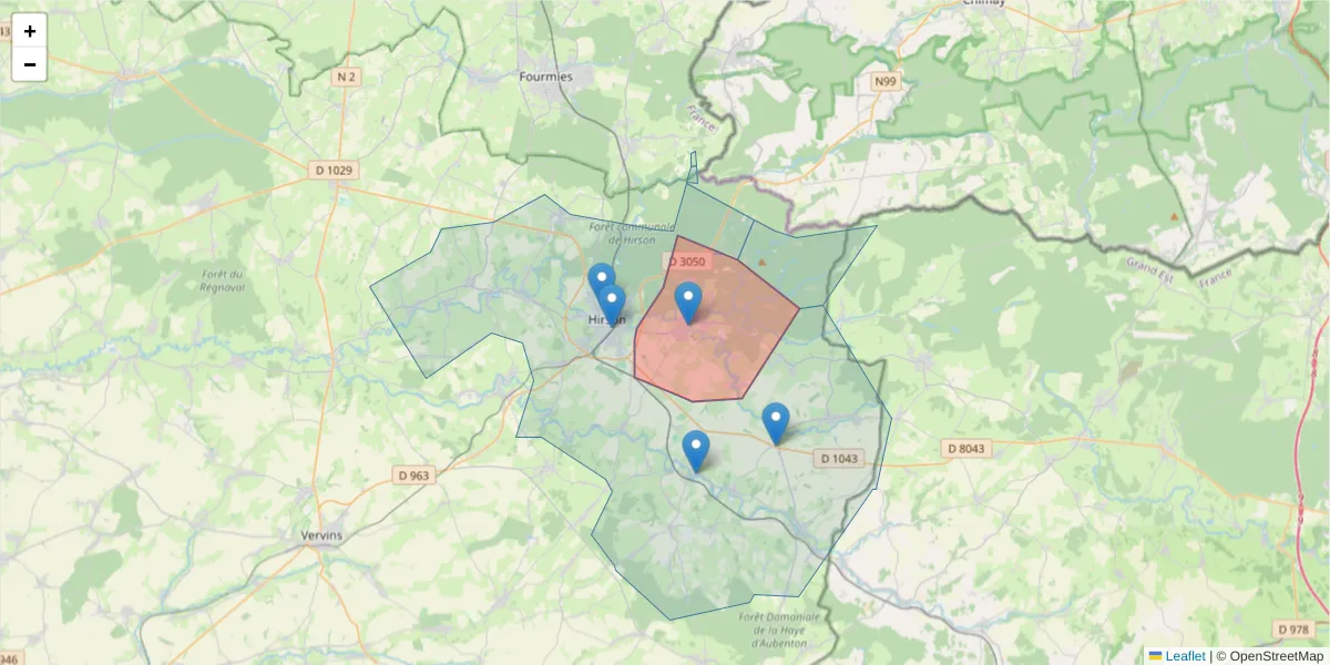 Carte de la zone du code postal  et des codes postaux voisins en France