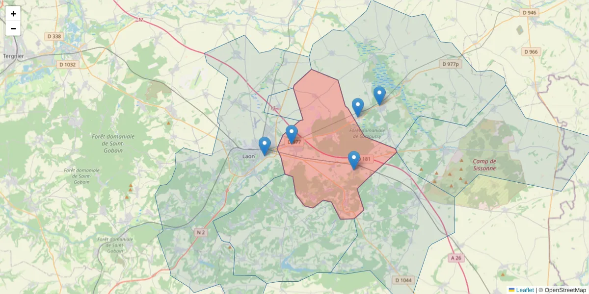 Carte de la zone du code postal  et des codes postaux voisins en France