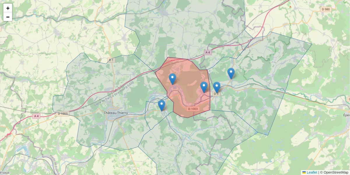 Carte de la zone du code postal  et des codes postaux voisins en France