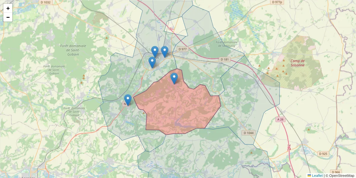 Carte de la zone du code postal  et des codes postaux voisins en France