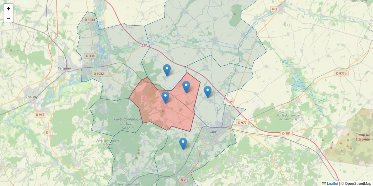 Carte de la zone du code postal  et des codes postaux voisins en France
