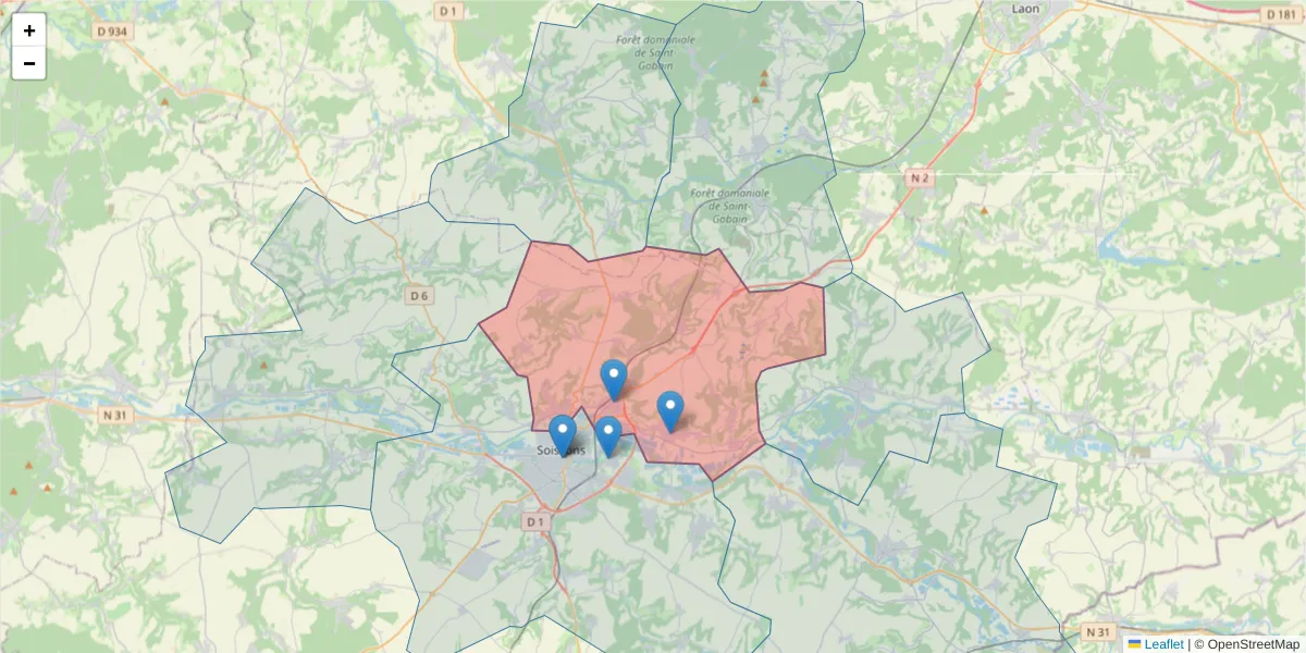 Carte de la zone du code postal  et des codes postaux voisins en France