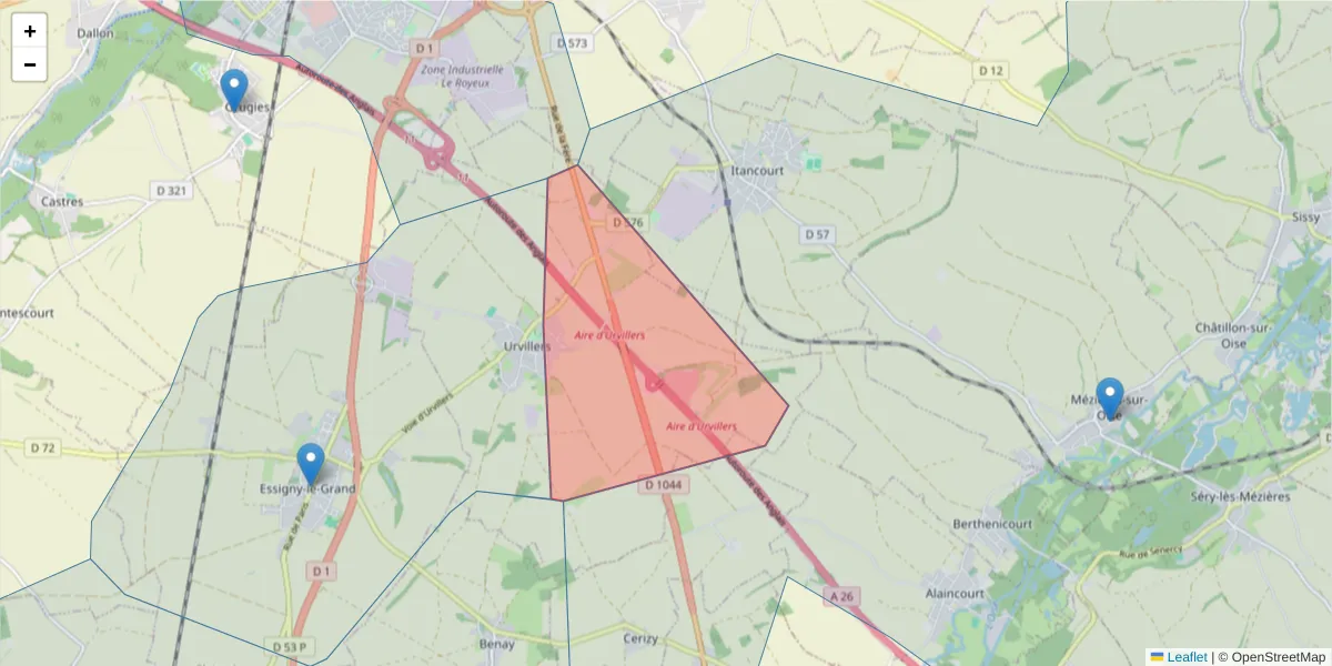 Carte de la zone du code postal  et des codes postaux voisins en France
