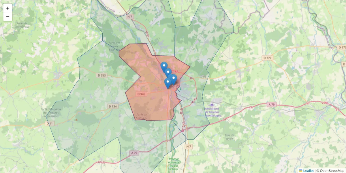Carte de la zone du code postal  et des codes postaux voisins en France