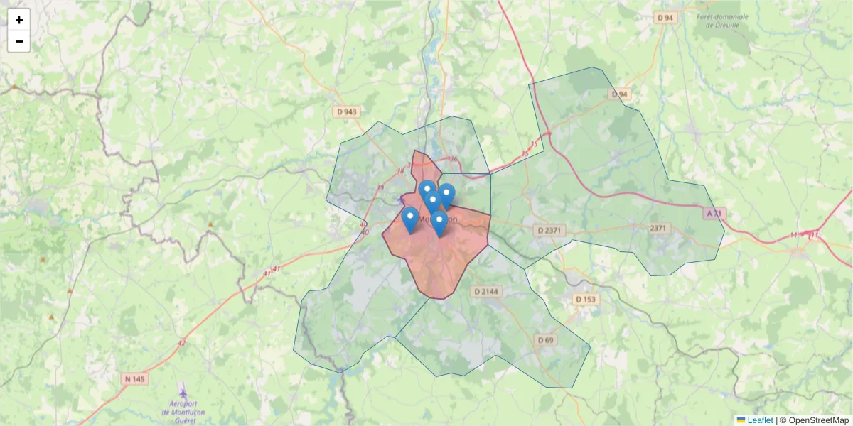 Carte de la zone du code postal  et des codes postaux voisins en France