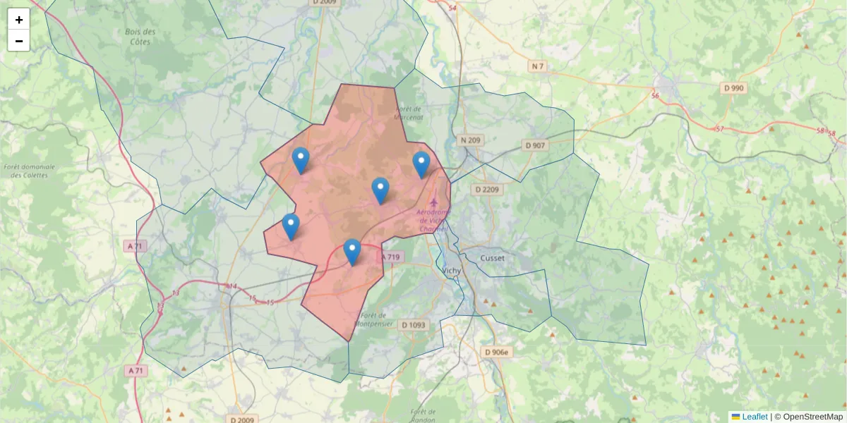 Carte de la zone du code postal  et des codes postaux voisins en France