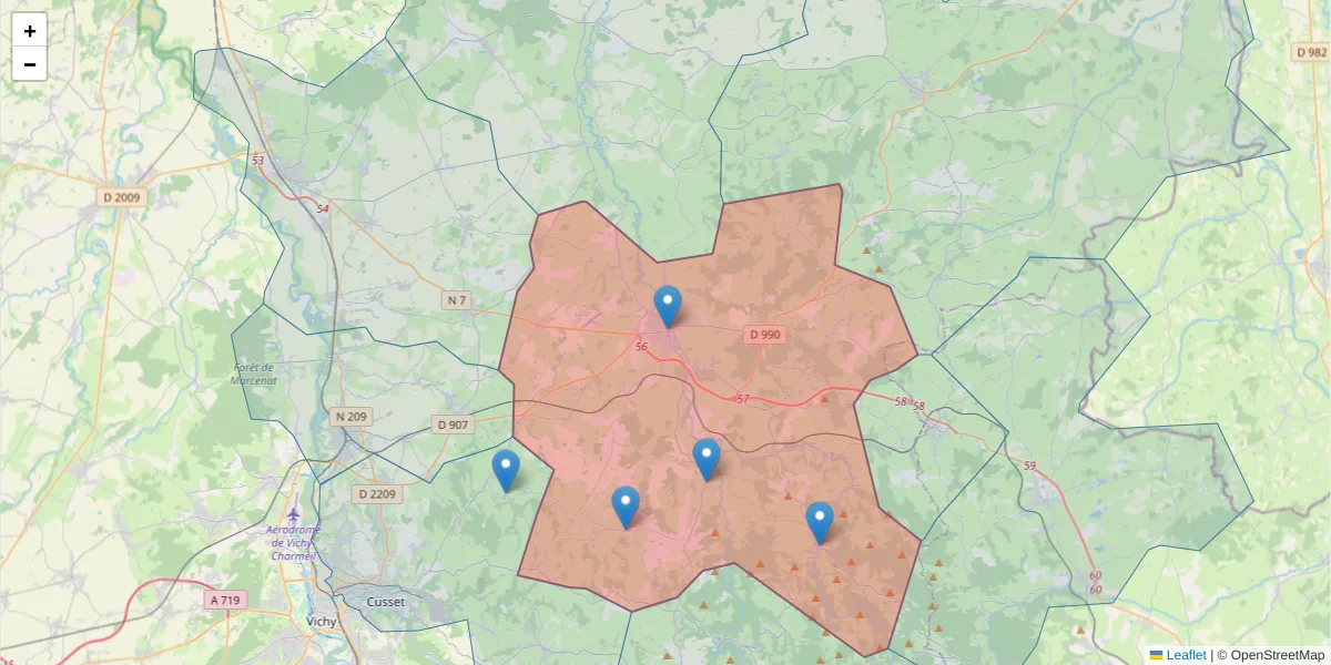 Carte de la zone du code postal  et des codes postaux voisins en France