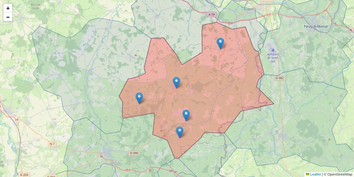 Carte de la zone du code postal  et des codes postaux voisins en France