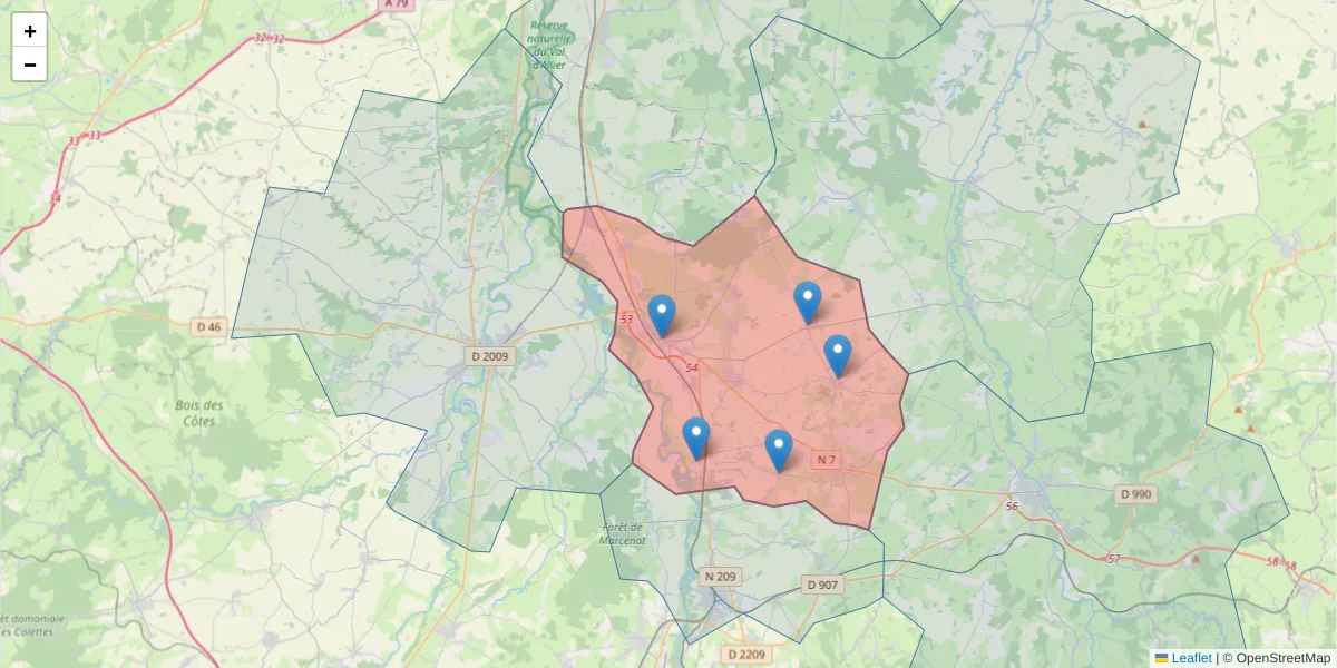 Carte de la zone du code postal  et des codes postaux voisins en France