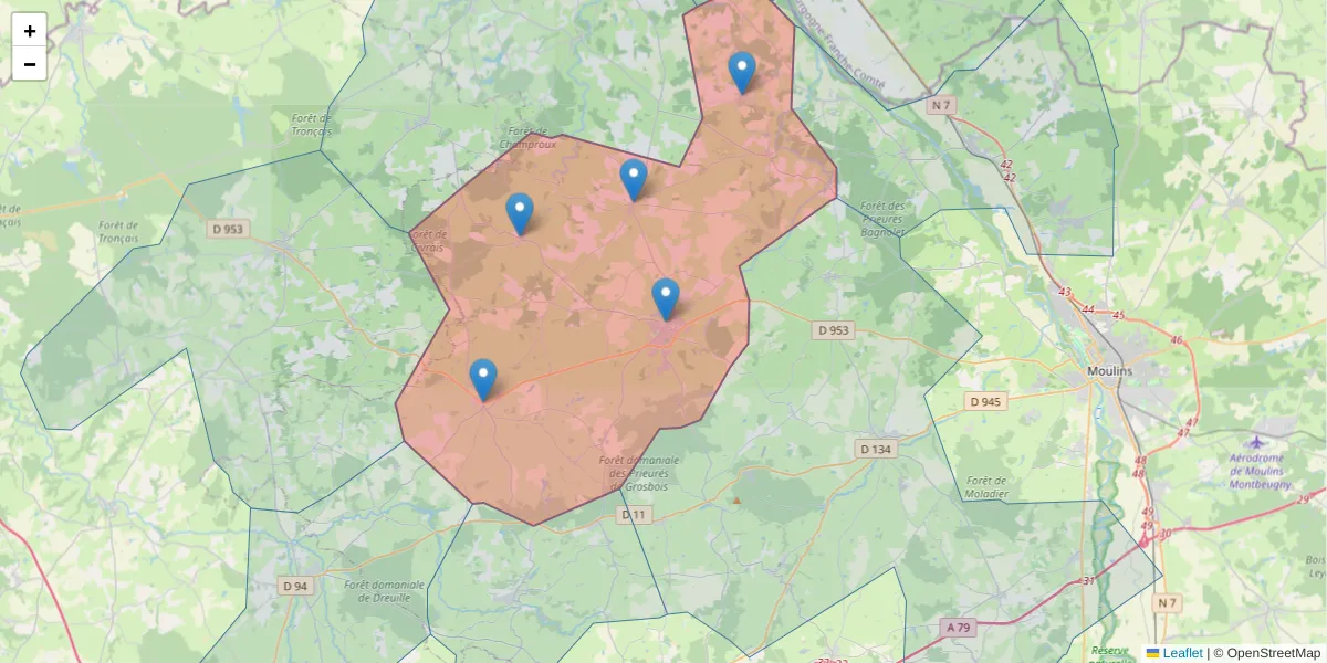 Carte de la zone du code postal  et des codes postaux voisins en France