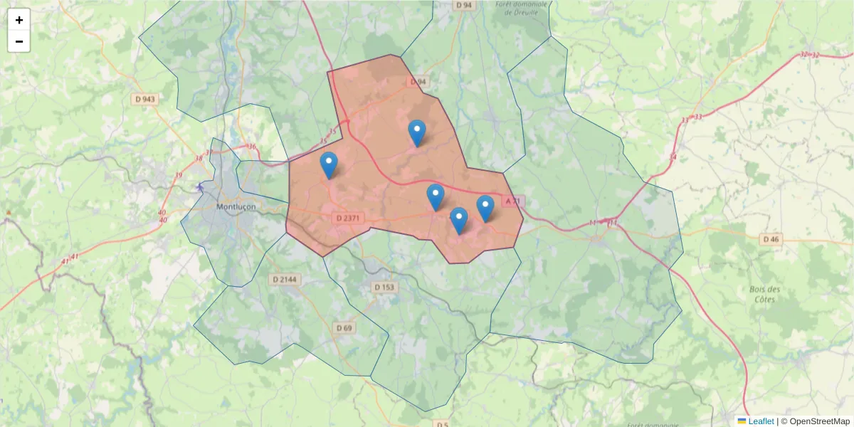 Carte de la zone du code postal  et des codes postaux voisins en France