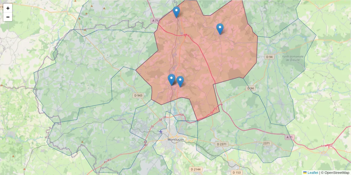Carte de la zone du code postal  et des codes postaux voisins en France
