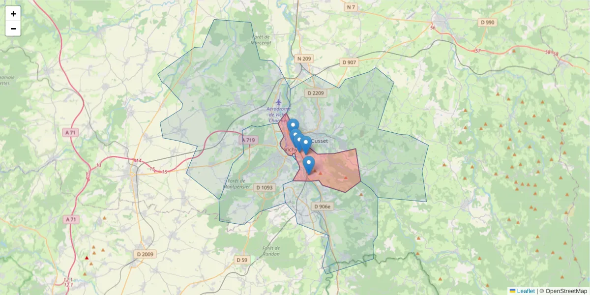 Carte de la zone du code postal  et des codes postaux voisins en France