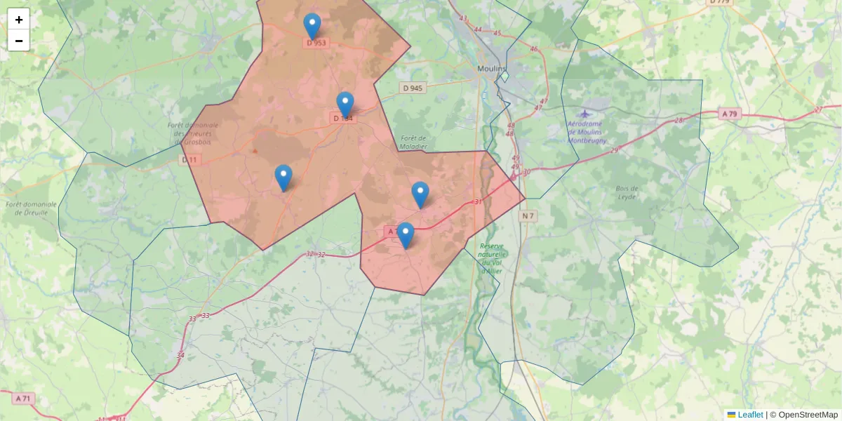 Carte de la zone du code postal  et des codes postaux voisins en France
