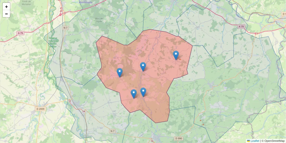 Carte de la zone du code postal  et des codes postaux voisins en France
