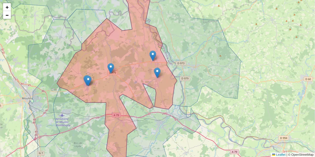 Carte de la zone du code postal  et des codes postaux voisins en France