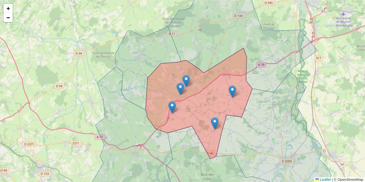 Carte de la zone du code postal  et des codes postaux voisins en France