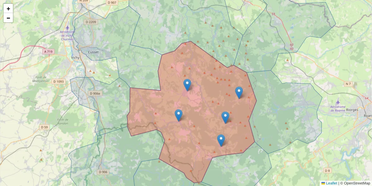 Carte de la zone du code postal  et des codes postaux voisins en France