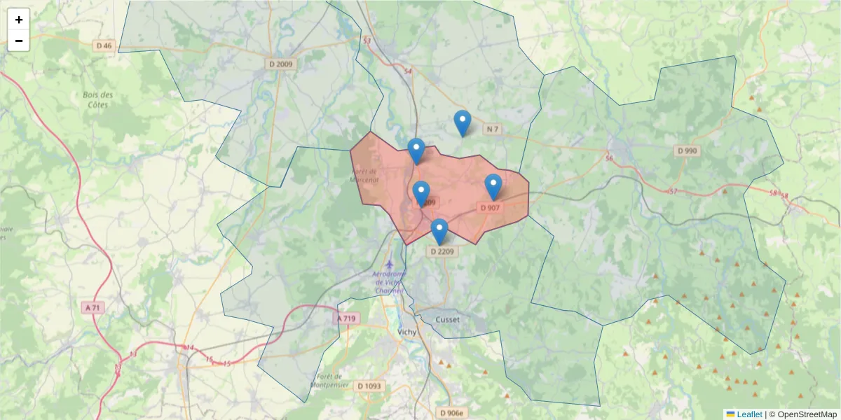 Carte de la zone du code postal  et des codes postaux voisins en France