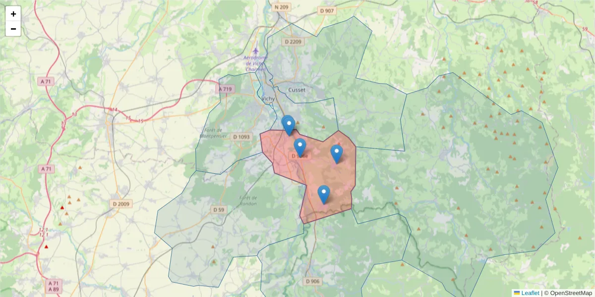 Carte de la zone du code postal  et des codes postaux voisins en France