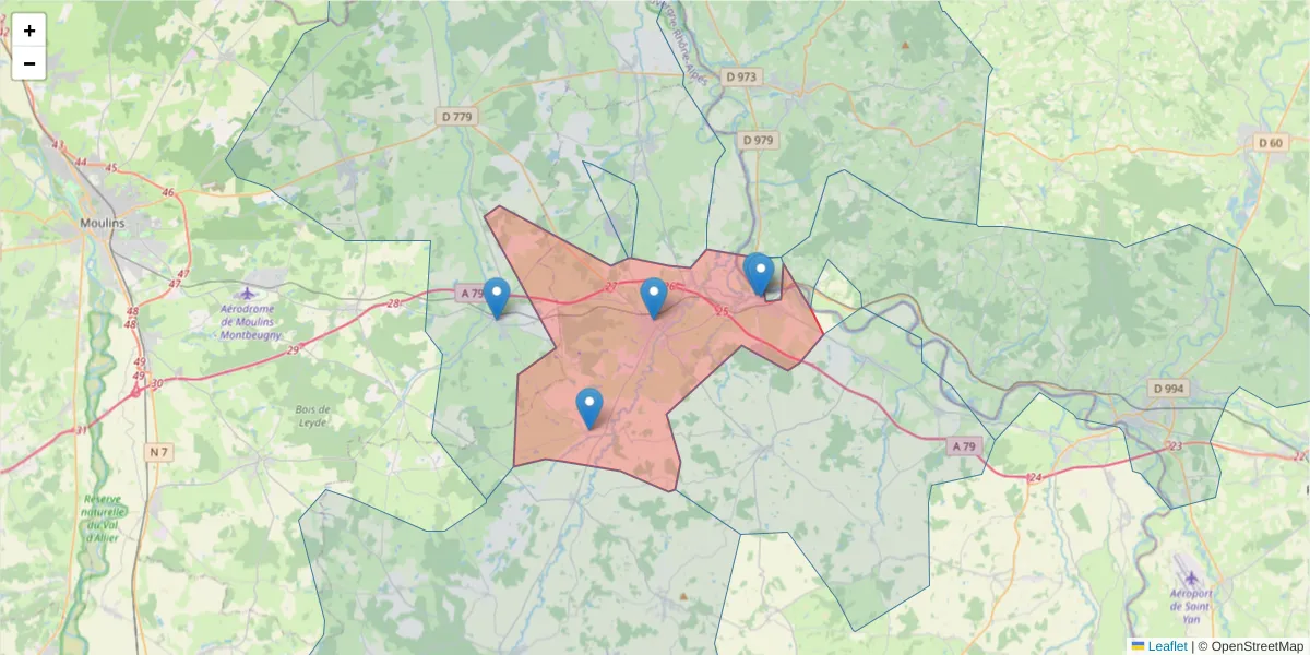 Carte de la zone du code postal  et des codes postaux voisins en France