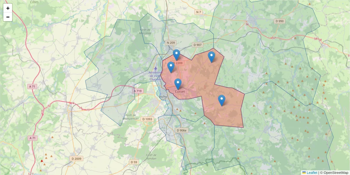 Carte de la zone du code postal  et des codes postaux voisins en France