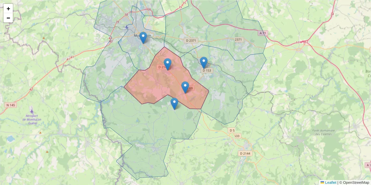 Carte de la zone du code postal  et des codes postaux voisins en France