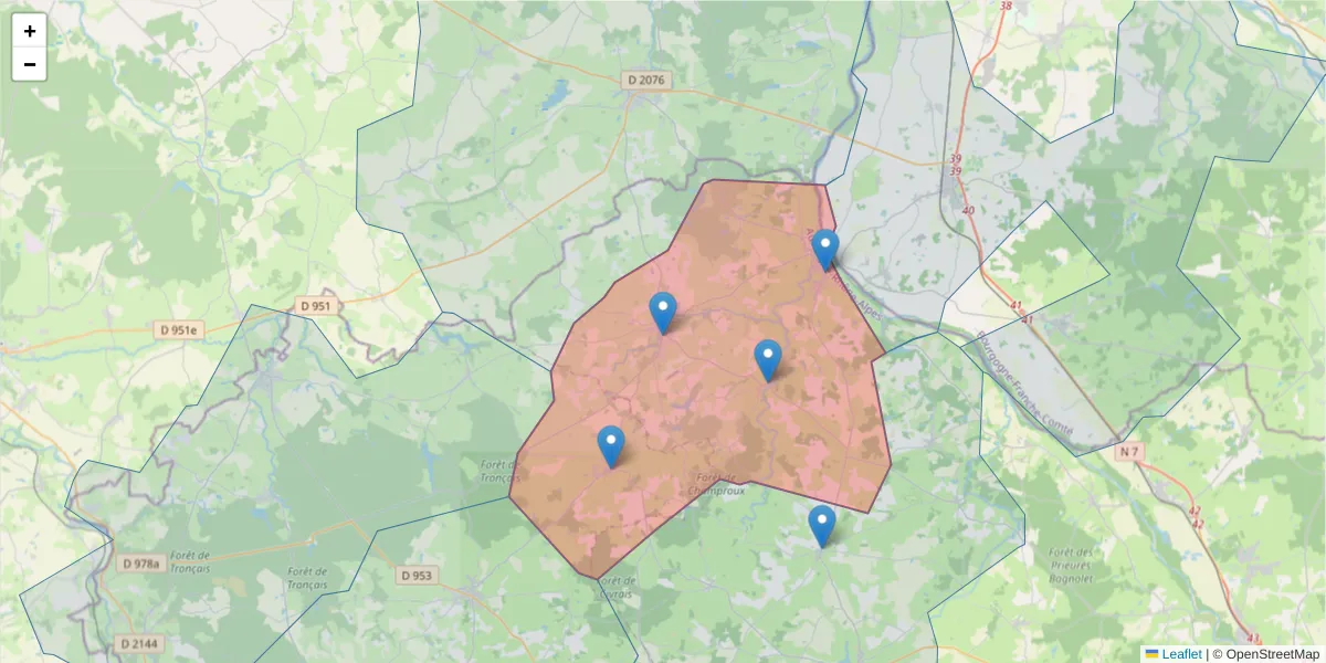 Carte de la zone du code postal  et des codes postaux voisins en France