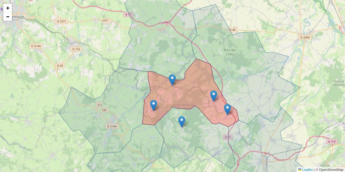 Carte de la zone du code postal  et des codes postaux voisins en France
