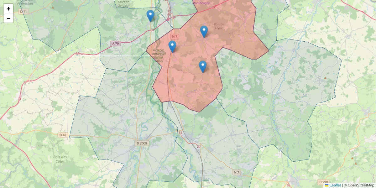 Carte de la zone du code postal  et des codes postaux voisins en France