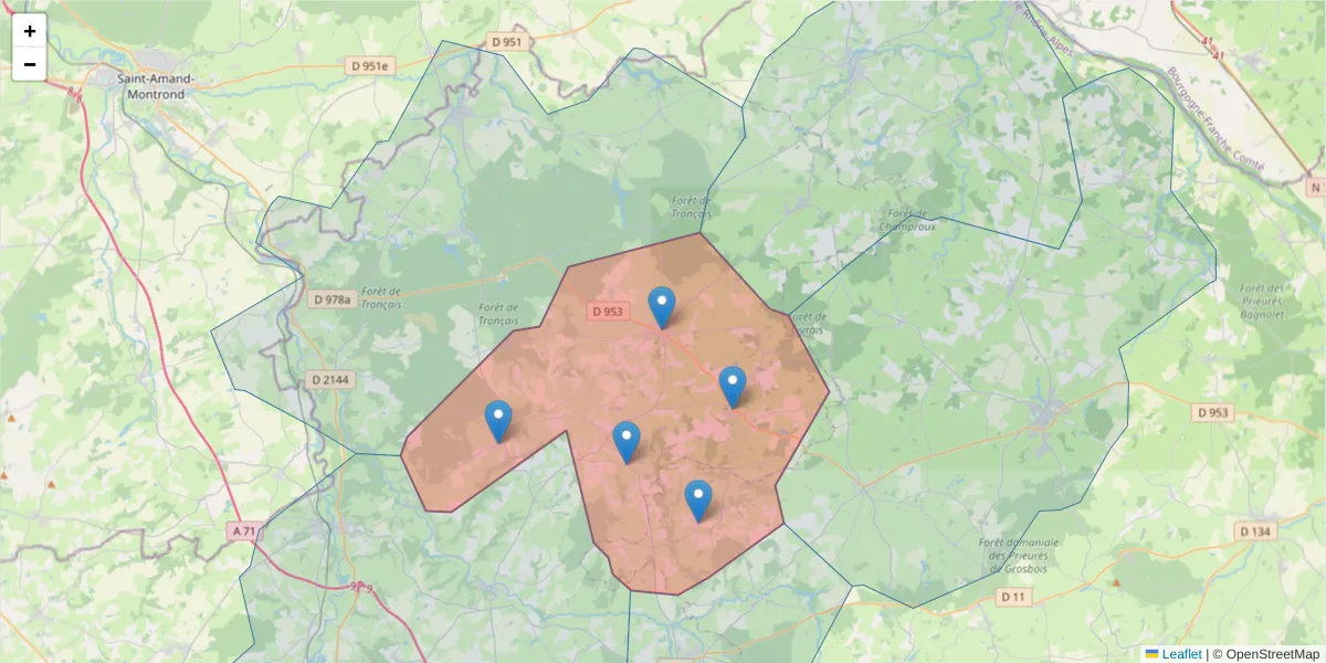 Carte de la zone du code postal  et des codes postaux voisins en France