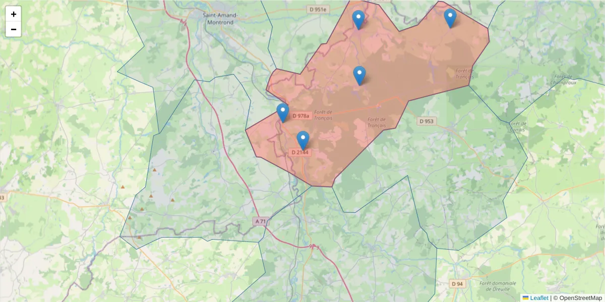 Carte de la zone du code postal  et des codes postaux voisins en France