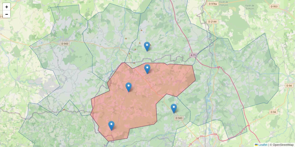 Carte de la zone du code postal  et des codes postaux voisins en France