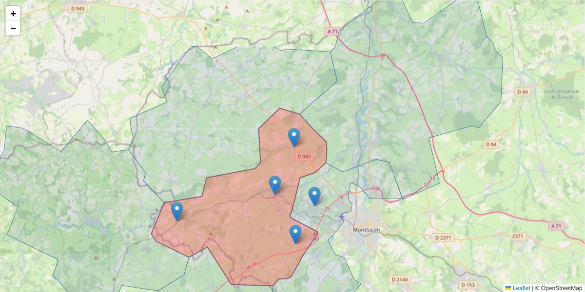 Carte de la zone du code postal  et des codes postaux voisins en France