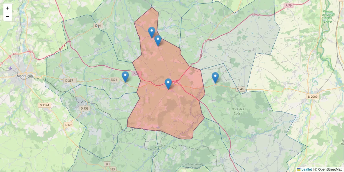 Carte de la zone du code postal  et des codes postaux voisins en France