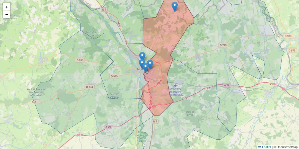 Carte de la zone du code postal  et des codes postaux voisins en France