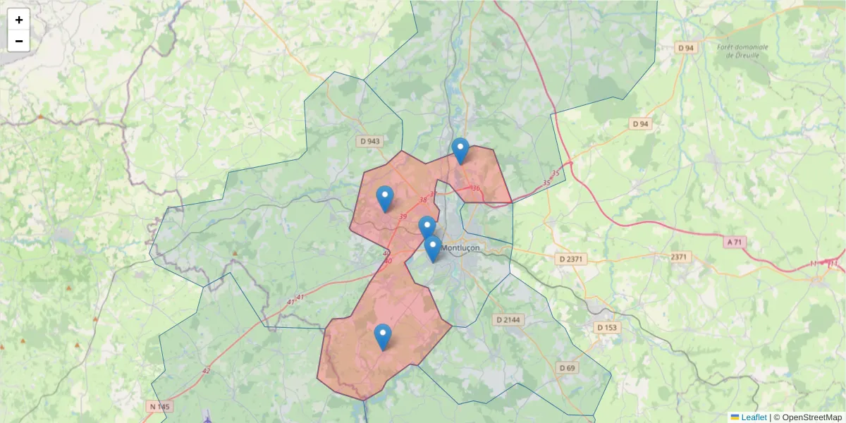 Carte de la zone du code postal  et des codes postaux voisins en France