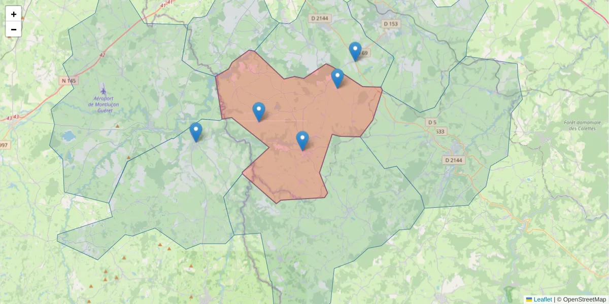 Carte de la zone du code postal  et des codes postaux voisins en France