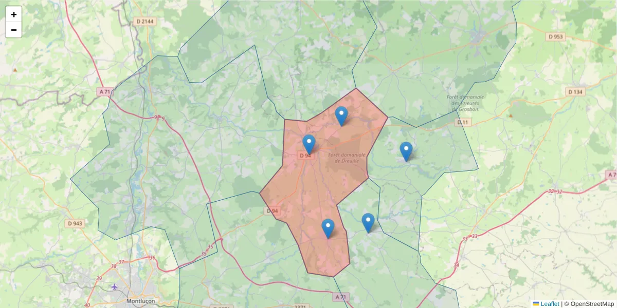 Carte de la zone du code postal  et des codes postaux voisins en France