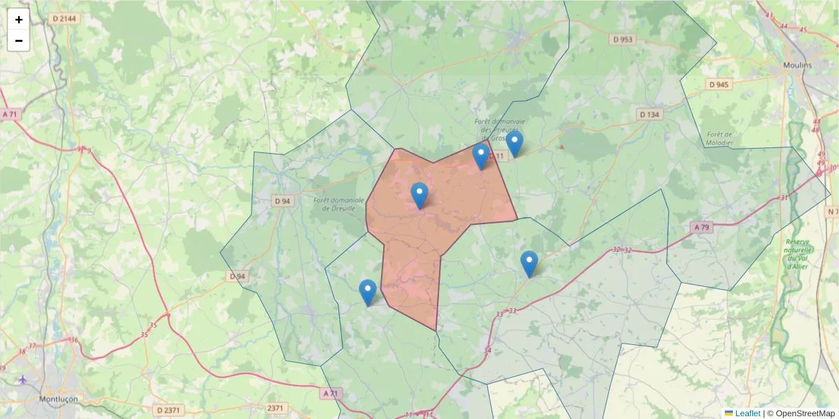 Carte de la zone du code postal  et des codes postaux voisins en France